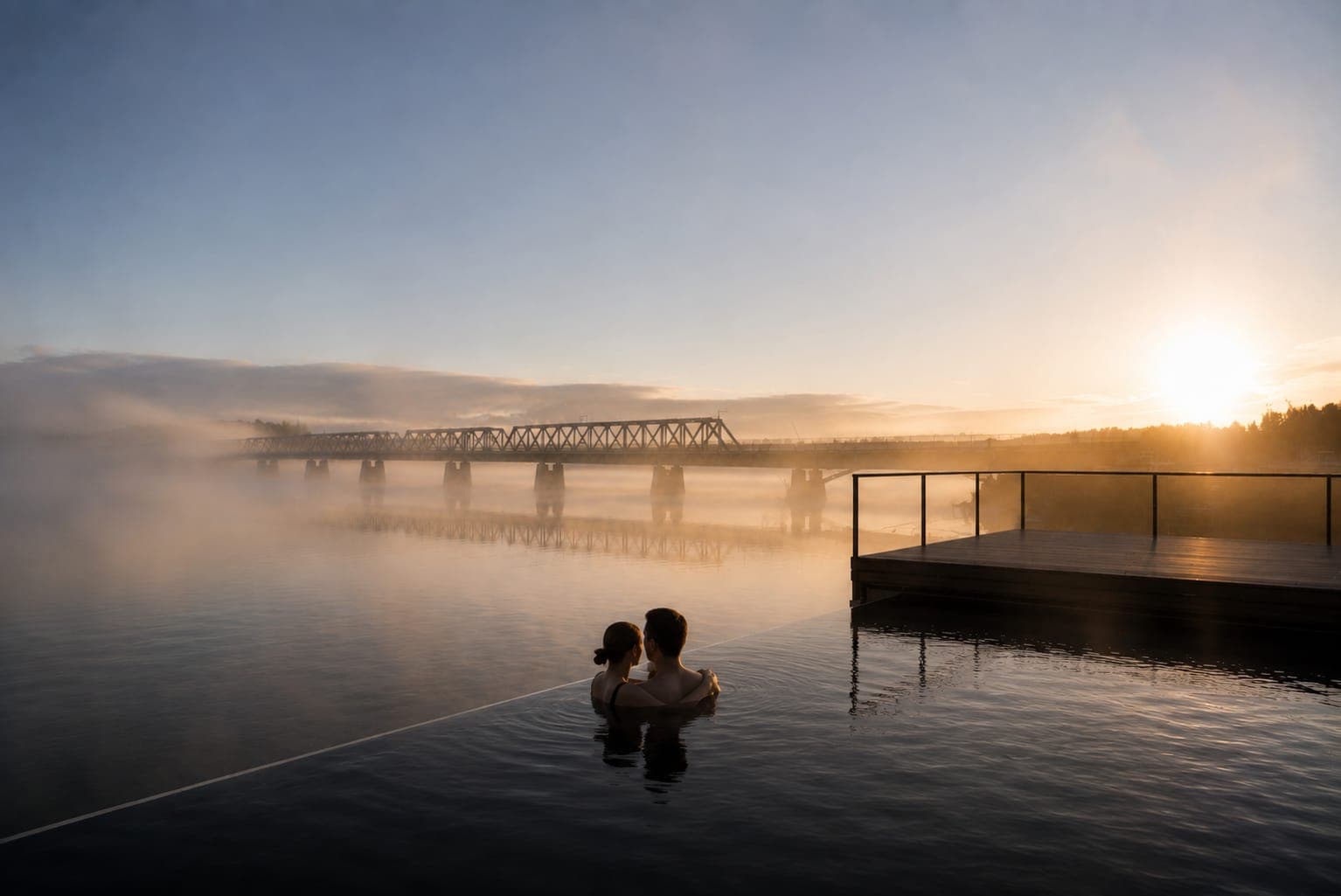 A couple in the heated outdoor pool at sunrise, mist over the Kemijoki and the bridge behind